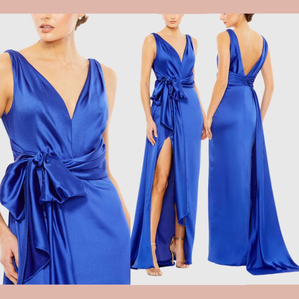 NWT Mac Duggal [ 4 ] 12525 Sleeveless Self Tie Draped Gown‎ Overlay Train blue